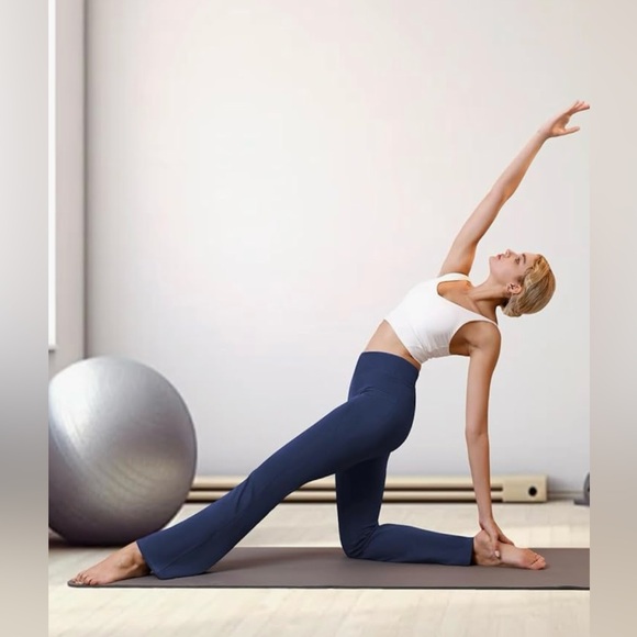 Navy Blue Flare Yoga Pants High Waisted Crossover Bootcut Leggings w Pockets - Picture 4 of 8